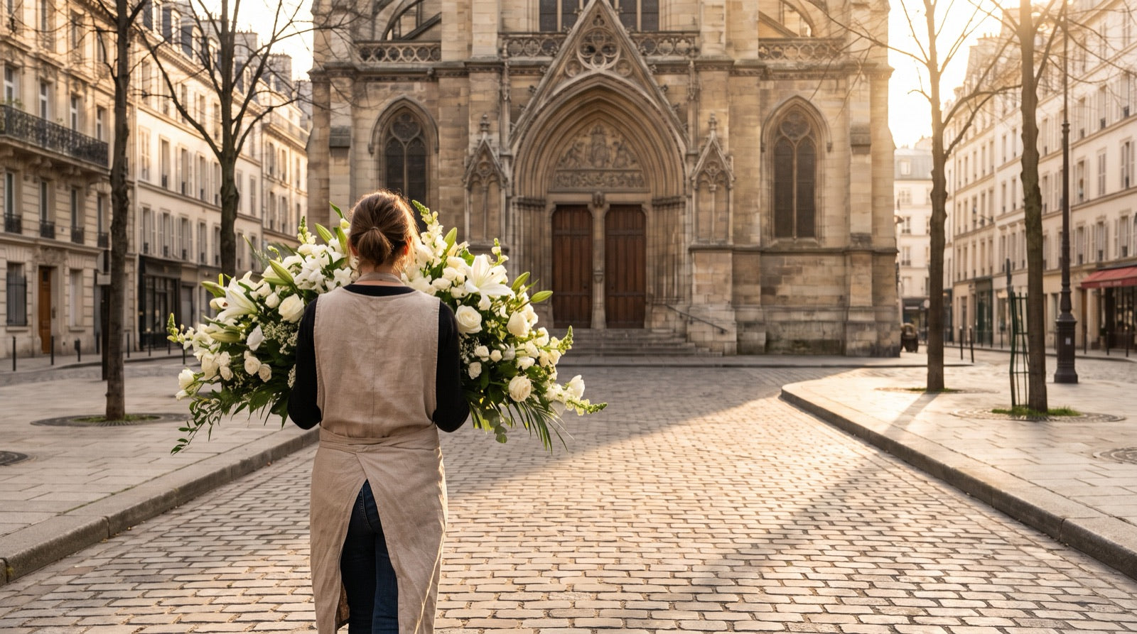 Fleuriste livrant des compositions de deuil devant une église parisienne
