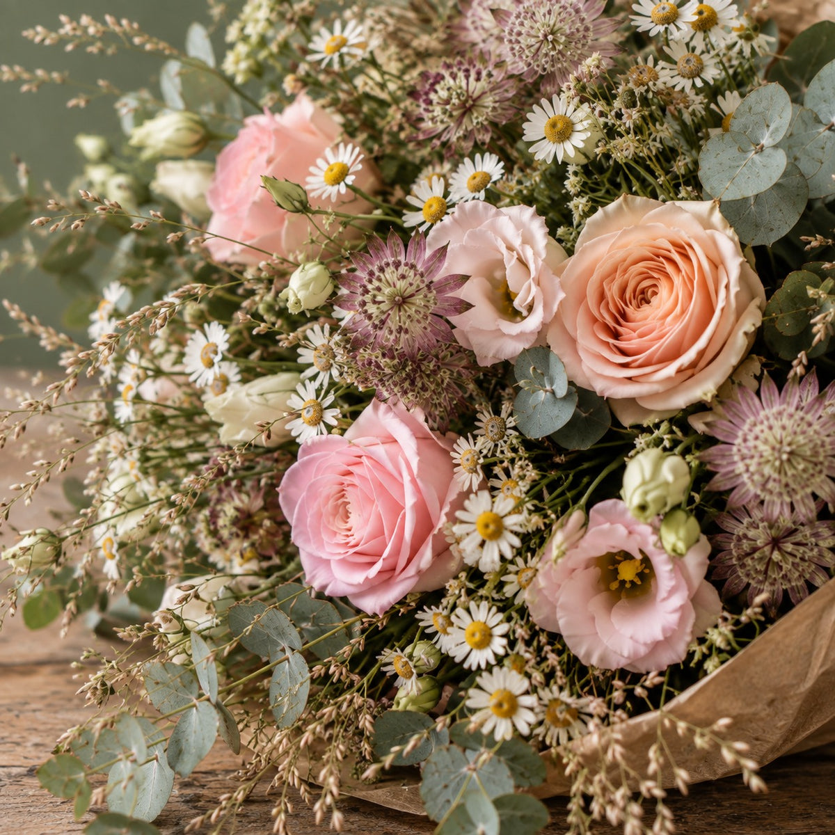 Prairie, détail : roses rose poudré, roses pêche, matricaire