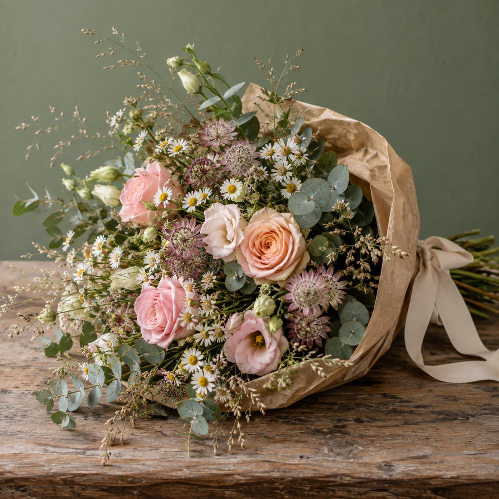 Prairie, bouquet champêtre, format Généreux (Ø 45 cm) : roses rose poudré, roses pêche, matricaire