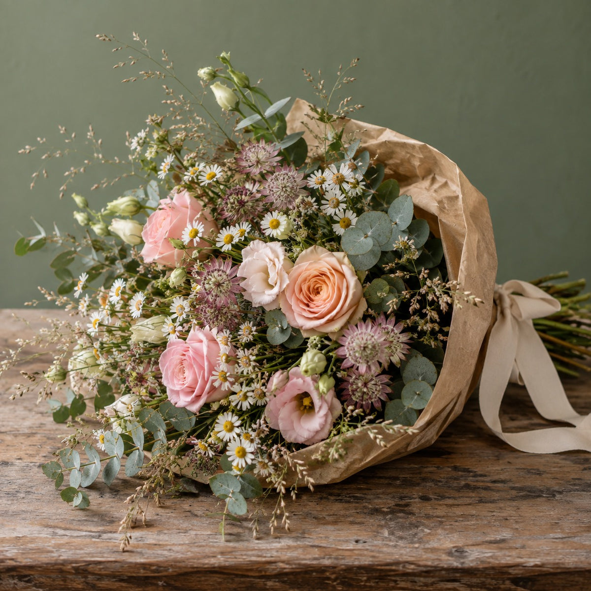 Prairie, bouquet champêtre, format Généreux (Ø 45 cm) : roses rose poudré, roses pêche, matricaire