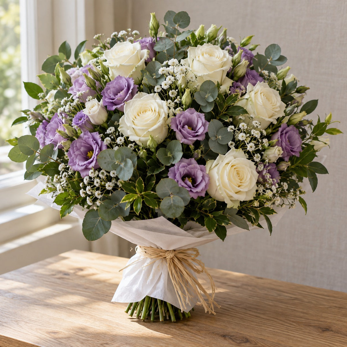 Veilleuse, bouquet de recueillement, format Généreux (Ø 40 cm) : roses blanches, lisianthus mauves