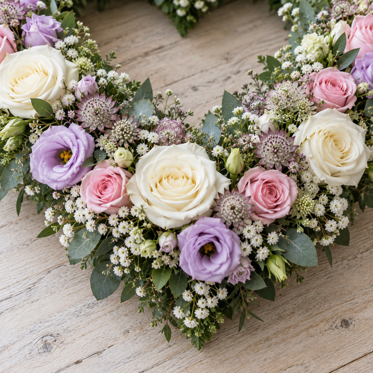 Lien, détail : roses blanches, roses rose tendre, lisianthus lilas