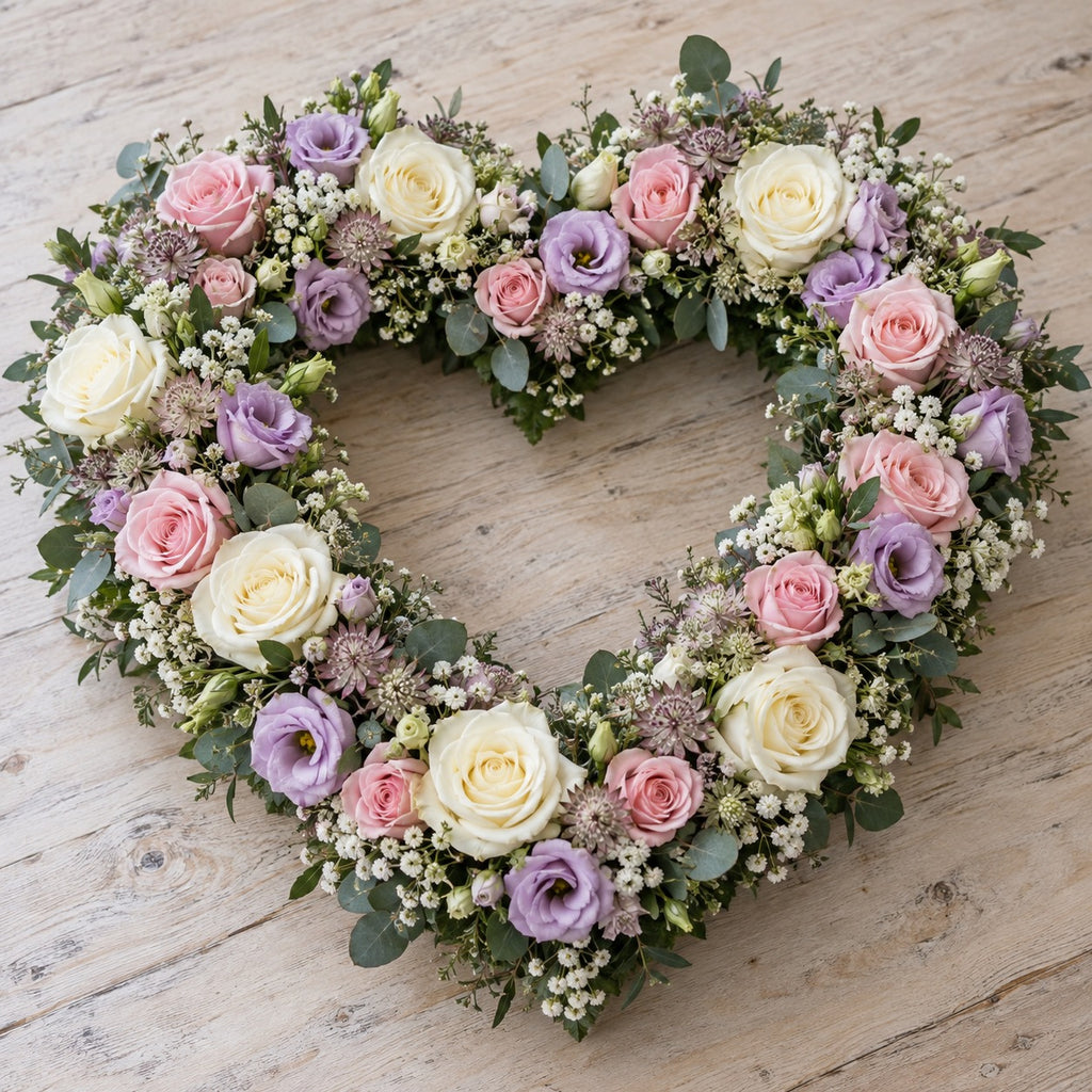 Lien, cœur ouvert, format Généreux (Ø 55 cm) : roses blanches, roses rose tendre, lisianthus lilas