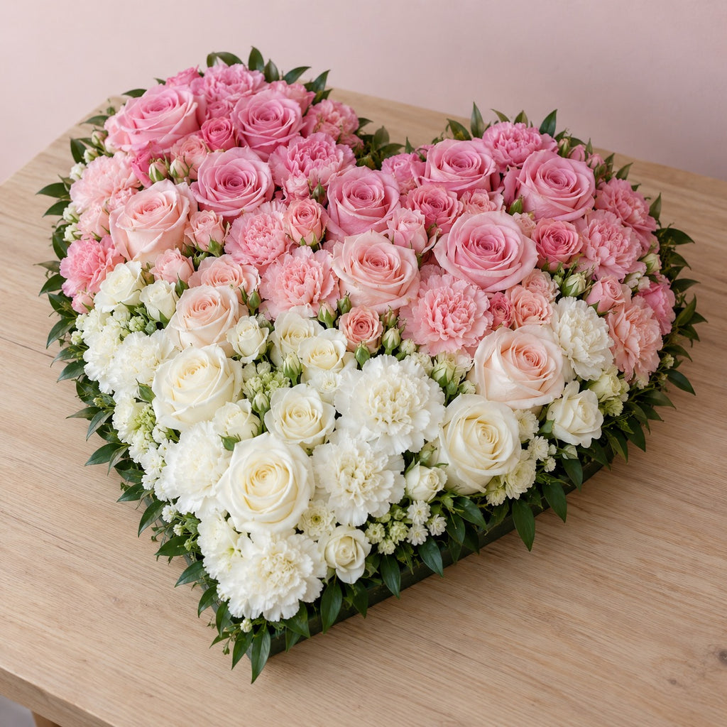 Murmure, cœur en dégradé, format Généreux (Ø 50 cm) : roses roses, roses blanches