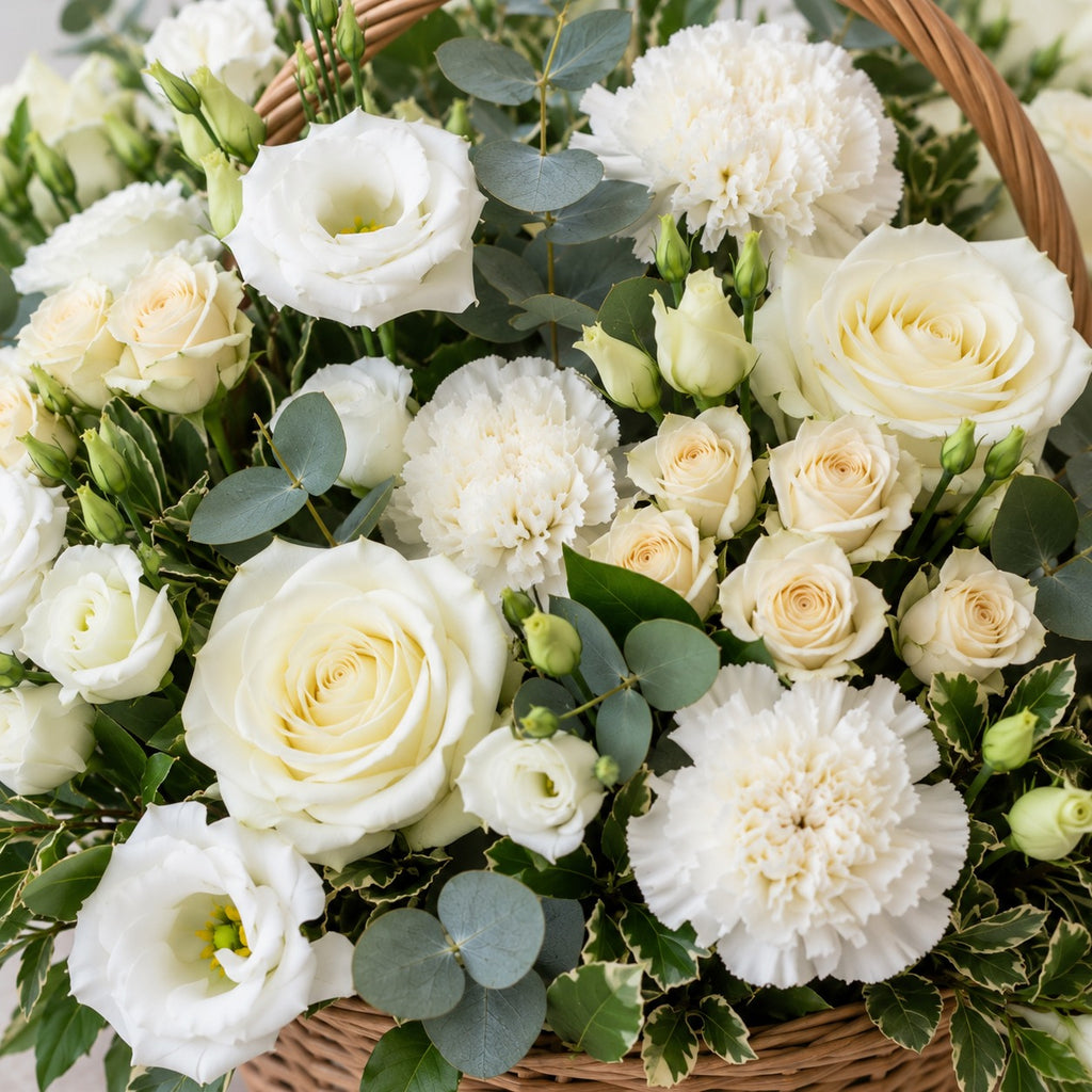 Quiétude, détail : roses blanches, œillets blancs, lisianthus blancs
