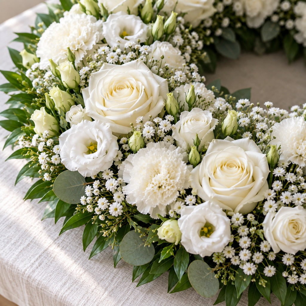 Albâtre, détail : roses et œillets blancs serrés, gypsophile et bordure de feuillage