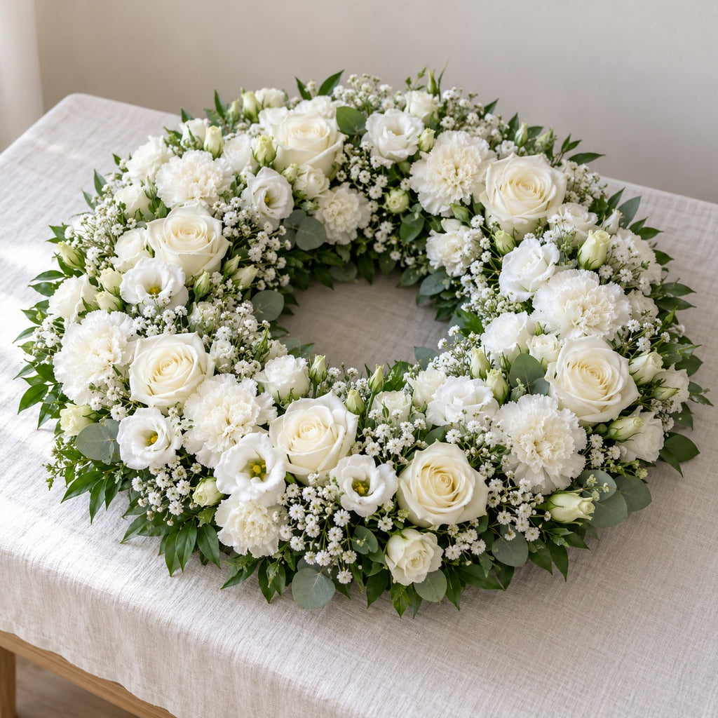 Albâtre, couronne pleine blanche, format Généreux (Ø 65 cm) : roses et œillets blancs, lisianthus, gypsophile