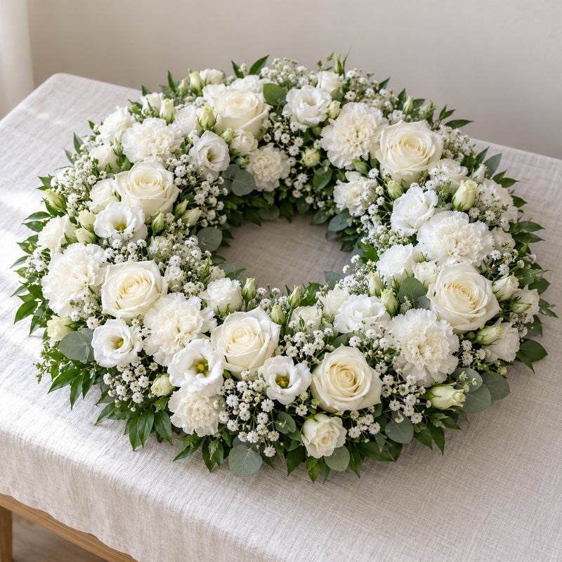 Albâtre, couronne pleine blanche, format Généreux (Ø 65 cm) : roses et œillets blancs, lisianthus, gypsophile