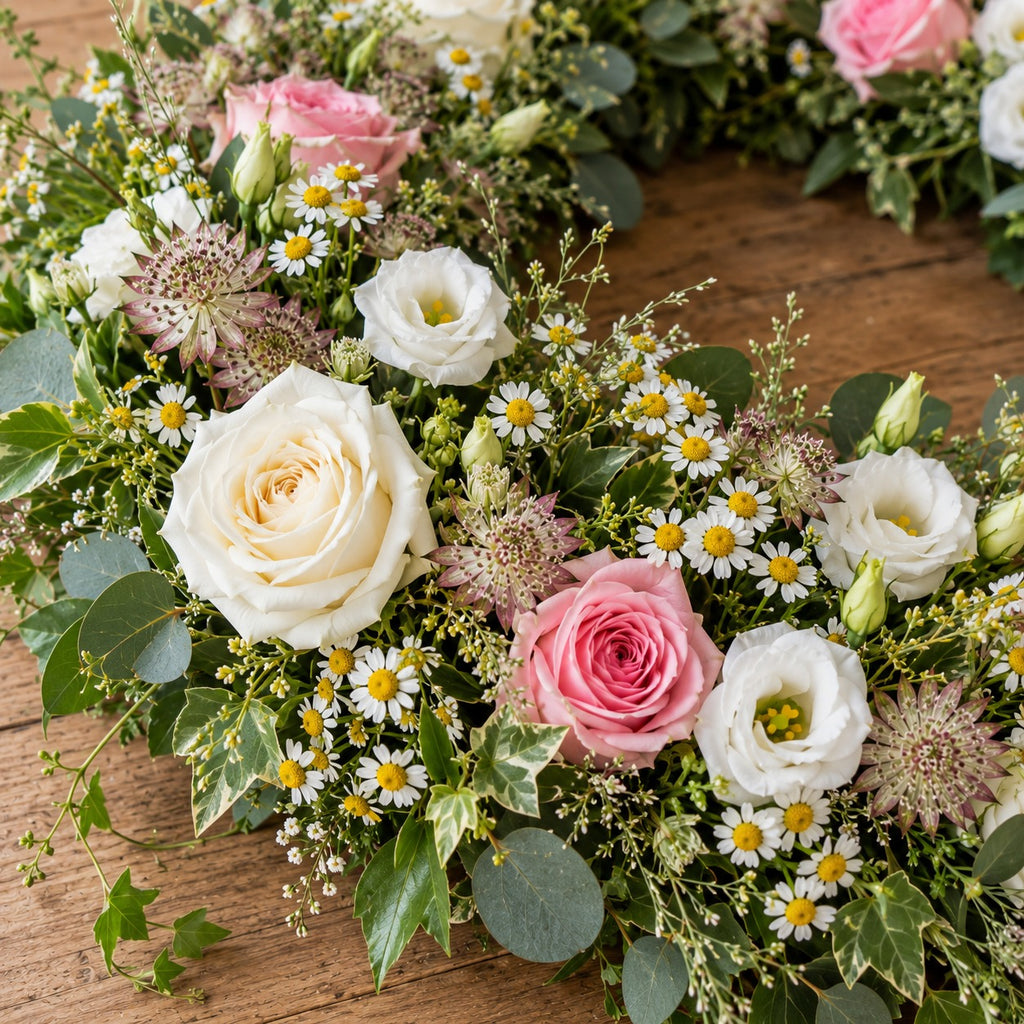 Bocage, détail : roses blanches, roses rose tendre, lisianthus blancs