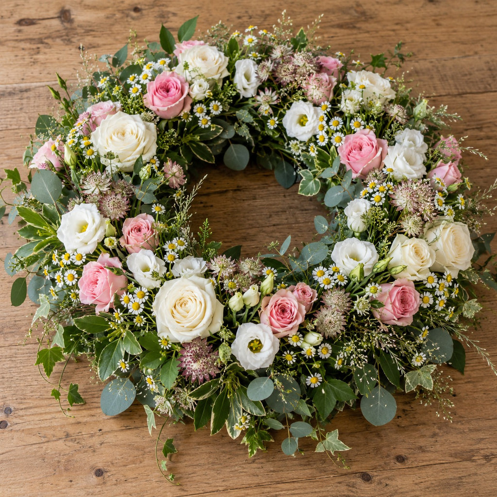 Bocage, couronne champêtre, format Généreux (Ø 65 cm) : roses blanches, roses rose tendre, lisianthus blancs