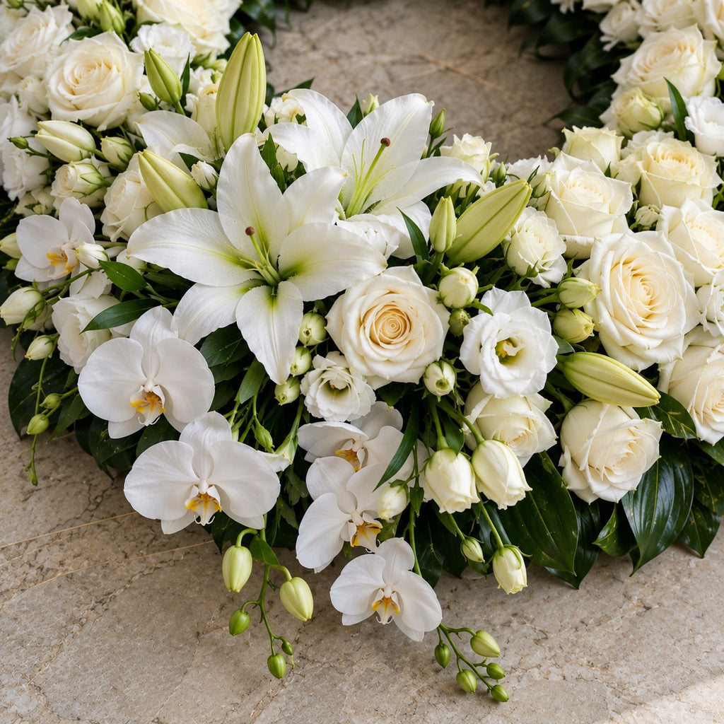 Éternité, détail : roses blanches à grosse tête, orchidées blanches, lys blancs