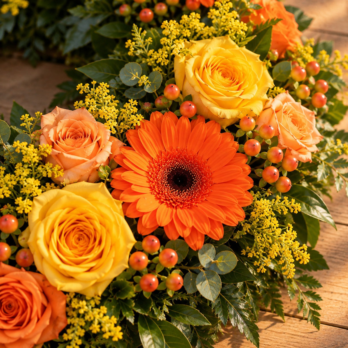 Lumière, détail : gerberas orange, roses jaunes, roses abricot