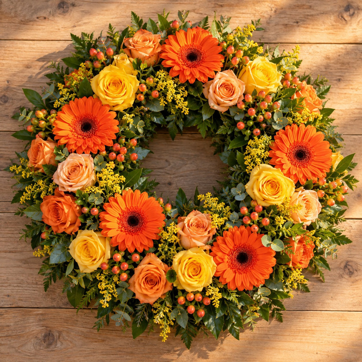 Lumière, couronne aux tons chauds, format Généreux (Ø 65 cm) : gerberas orange, roses jaunes, roses abricot