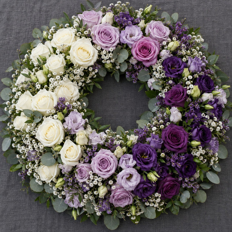 Méditation, couronne en dégradé violet, format Généreux (Ø 65 cm) : roses blanches, roses mauves, lisianthus violets