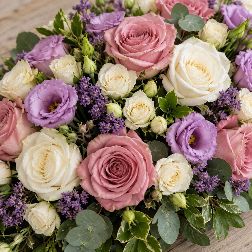Brise, détail : roses rose ancien, lisianthus mauves, roses blanches