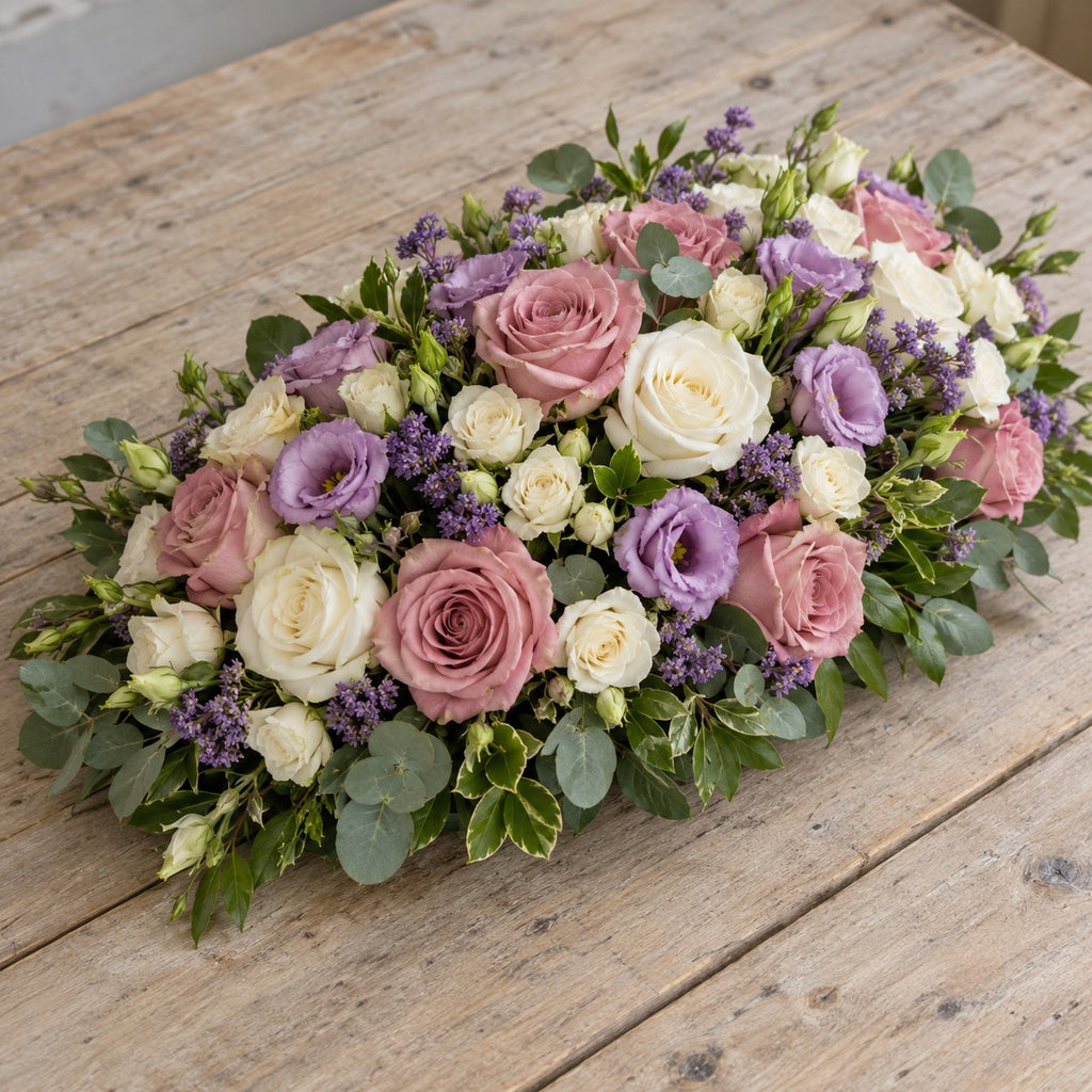 Brise, coussin ovale fleuri, format Généreux (L. 45 cm) : roses rose ancien, lisianthus mauves, roses blanches