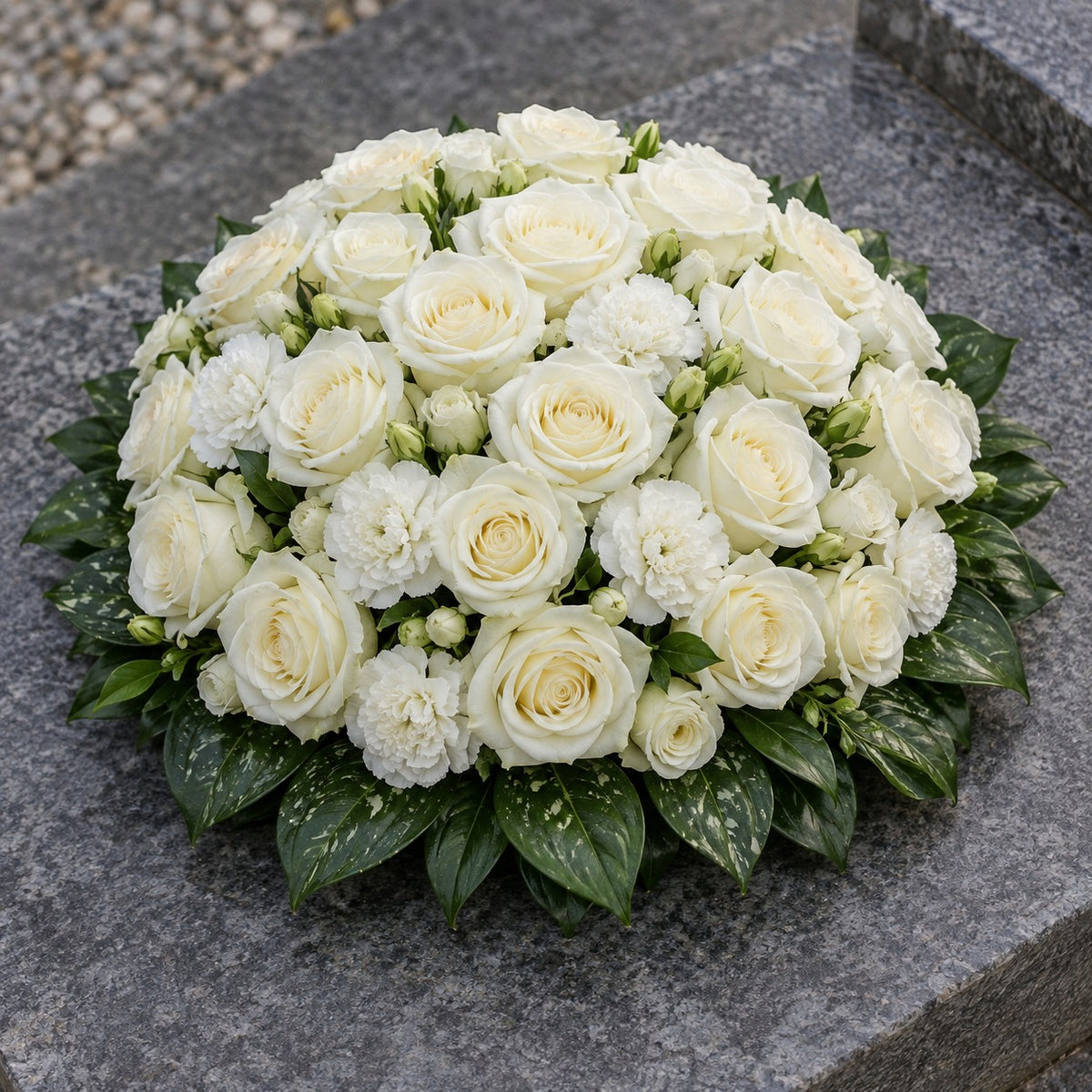 Galet, coussin rond, format Généreux (Ø 40 cm) : roses blanches