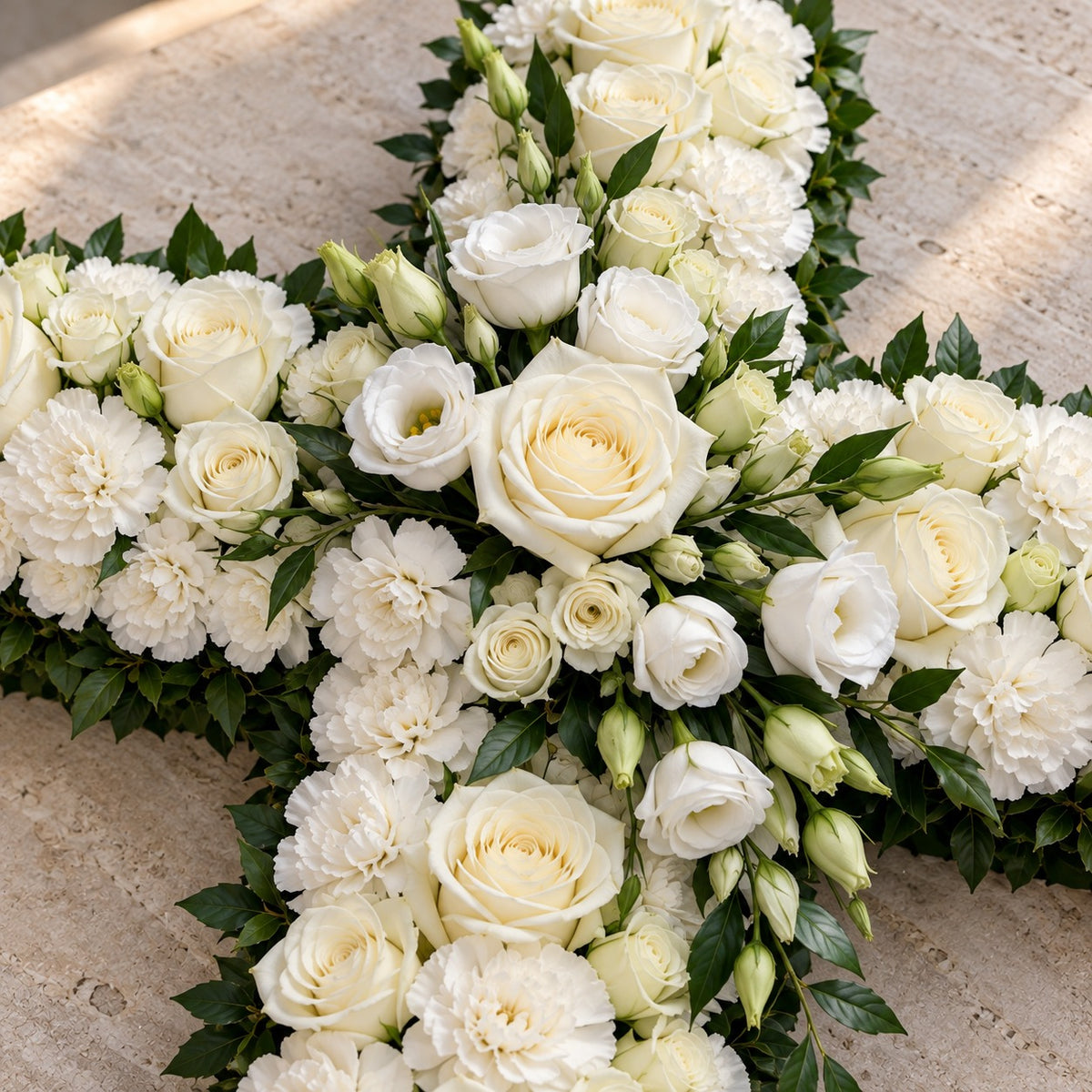 Béatitude, détail : roses blanches, œillets blancs