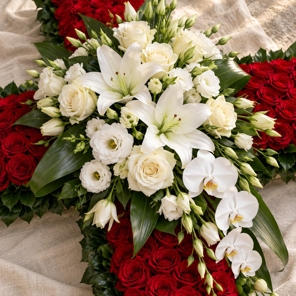 Grâce, détail : roses rouges, roses blanches, lys blancs, orchidées blanches