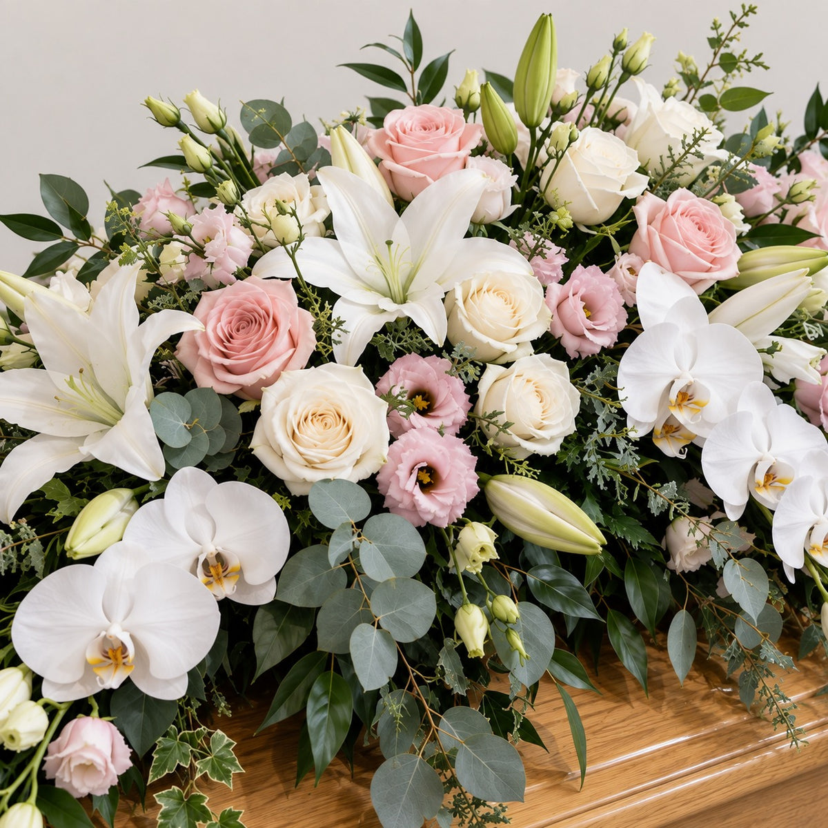 Élégie, détail : roses rose poudré, roses ivoire, orchidées blanches, lys blancs