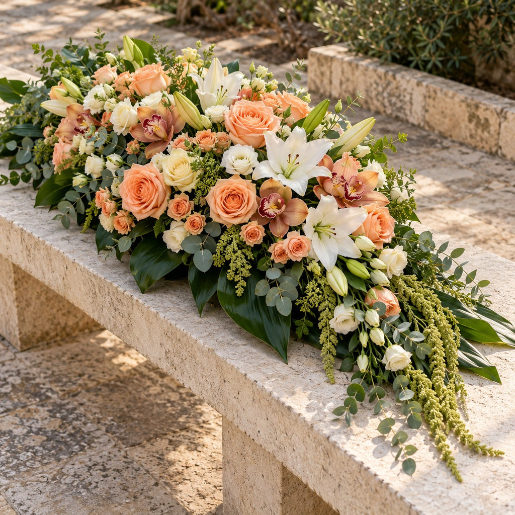 Hommage, détail : roses pêche, roses crème, lys blancs, orchidées