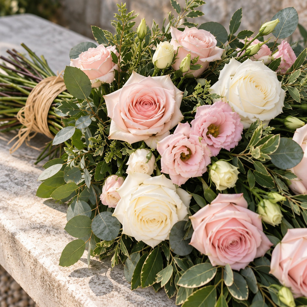 Tendresse, détail : roses rose poudré, roses blanches