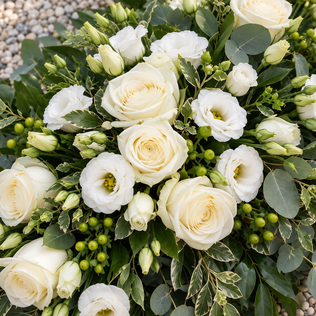 Présence, détail : roses blanches, lisianthus blancs